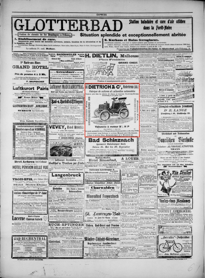Journal L'Express de Mulhouse du 8 juin 1901 (p.6) : voitures et voiturettes de Dietrich & Cie, Niederbronn.